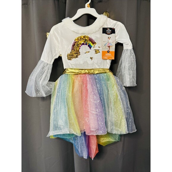 Girls Rainbow Unicorn Halloween Costume Dress Wings Headpiece - Picture 1 of 4